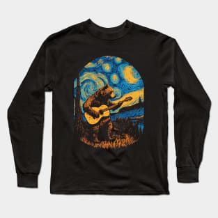 Bear Playing Guitar on a Starry Night Long Sleeve T-Shirt